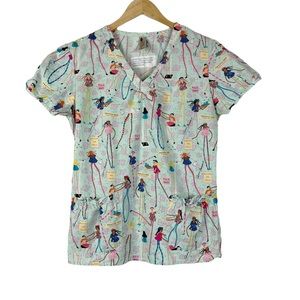 White Cross Mint Green Scrub Top with Colorful Ballerina Print